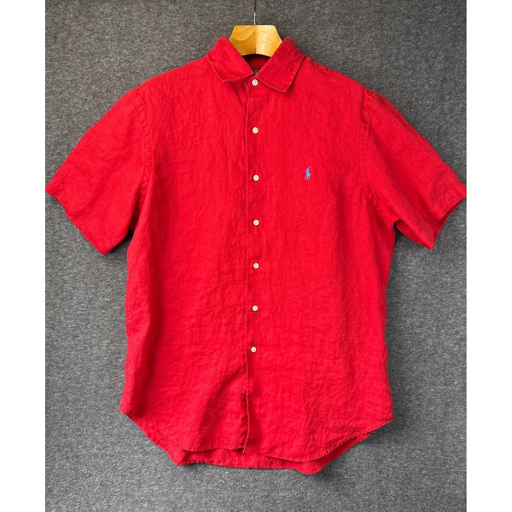 Vtg Polo Ralph Lauren Bradford Classic F Red 100% Linen Short Sleeve Shirt Men L View 2